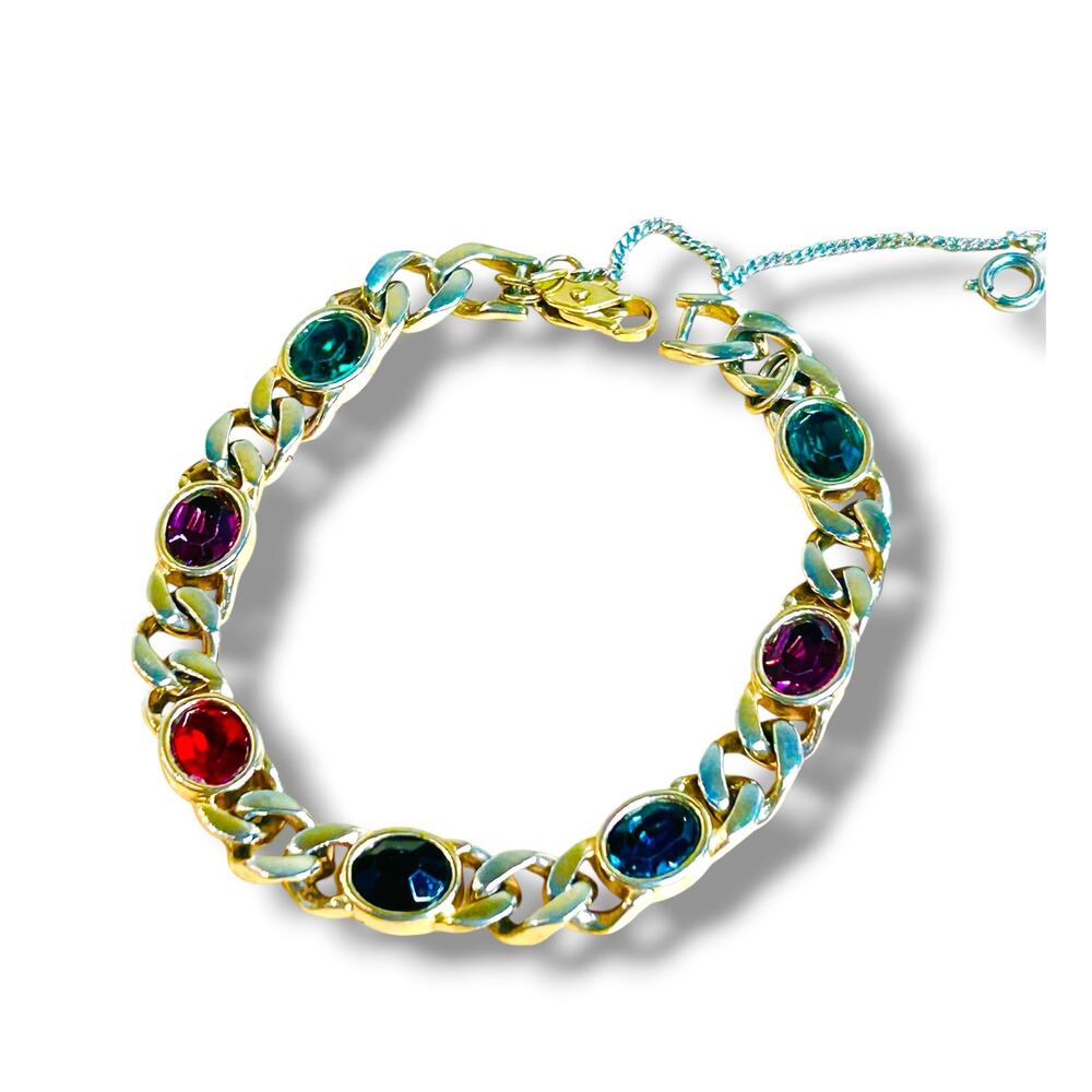 Vintage Gold Tone Cuban Link Bracelet Rainbow Colorful Bracelet w/ Safety Chain